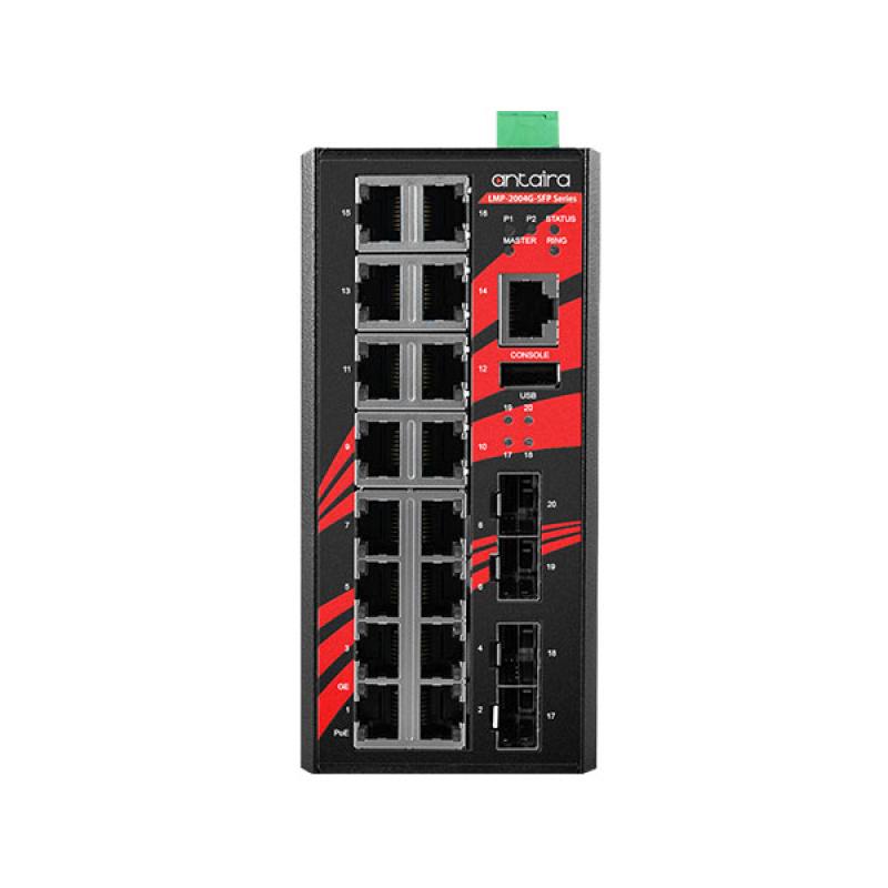 20-Port Managed POE+ (30W/port) Industrial Gigabit Switch, 48-55VDC, -40 - 75C 20-Port Managed POE+ (30W/port) Industrial Gigabit Switch, 48-55VDC, -40 - 75C