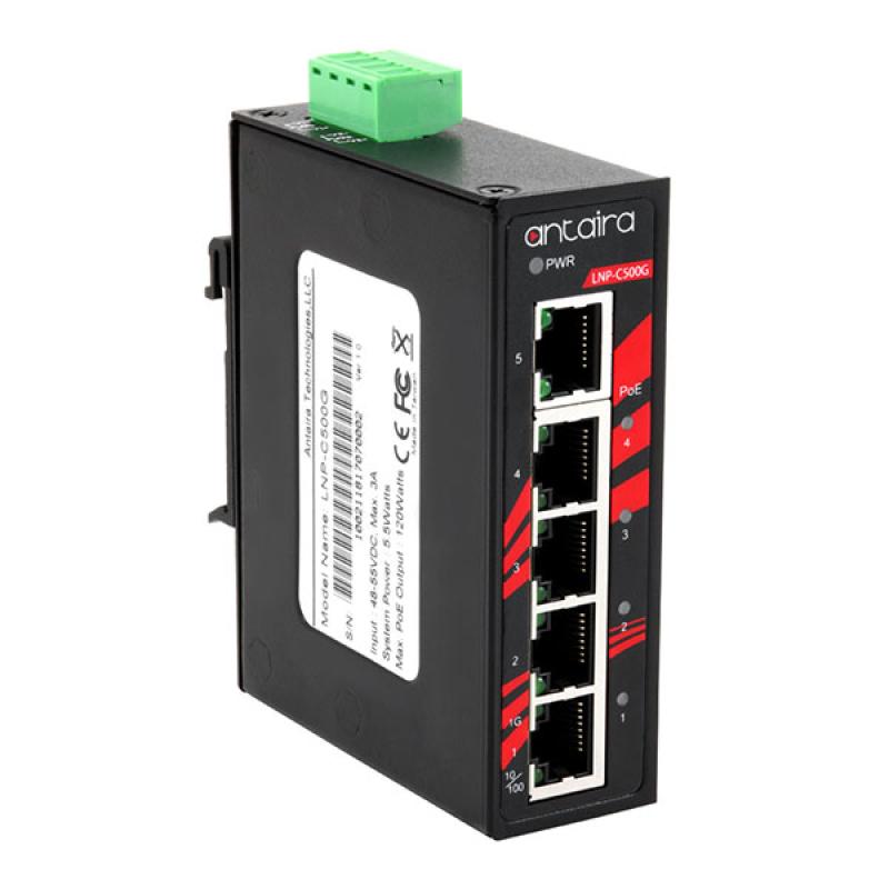 5-Port Unmanaged POE+ (30W/port) Industrial Gigabit Switch, 48-55VDC, -40 - 75C 5-Port Unmanaged POE+ (30W/port) Industrial Gigabit Switch, 48-55VDC, -40 - 75C
