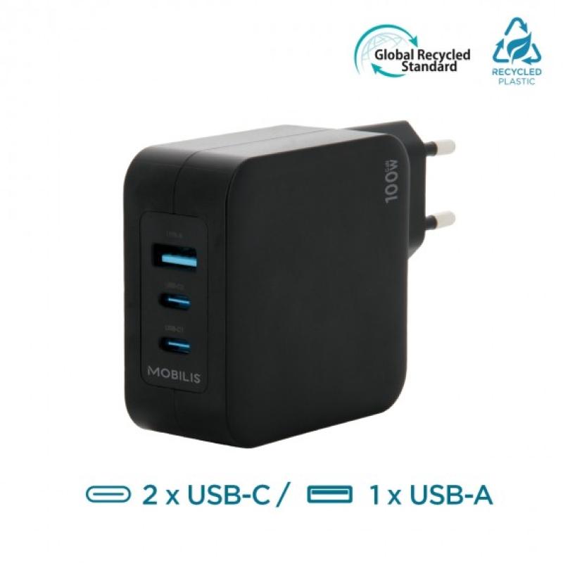 Mobilis Wandladeger&auml;t - 100 W - 2 USB C + 1 USB A GaN + cable - 2m - 100W. . 001365